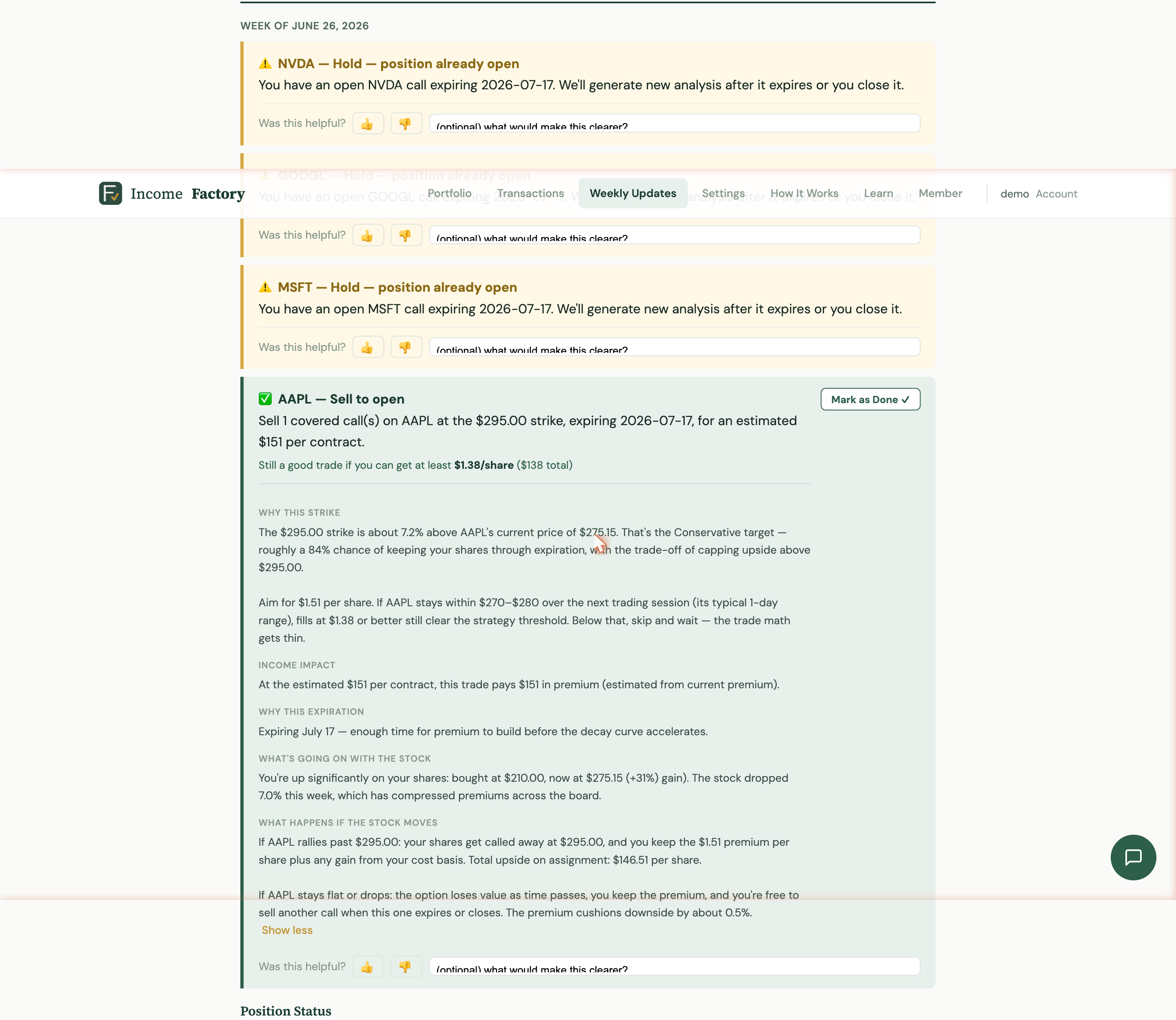 The weekly recommendations — the heart of the product