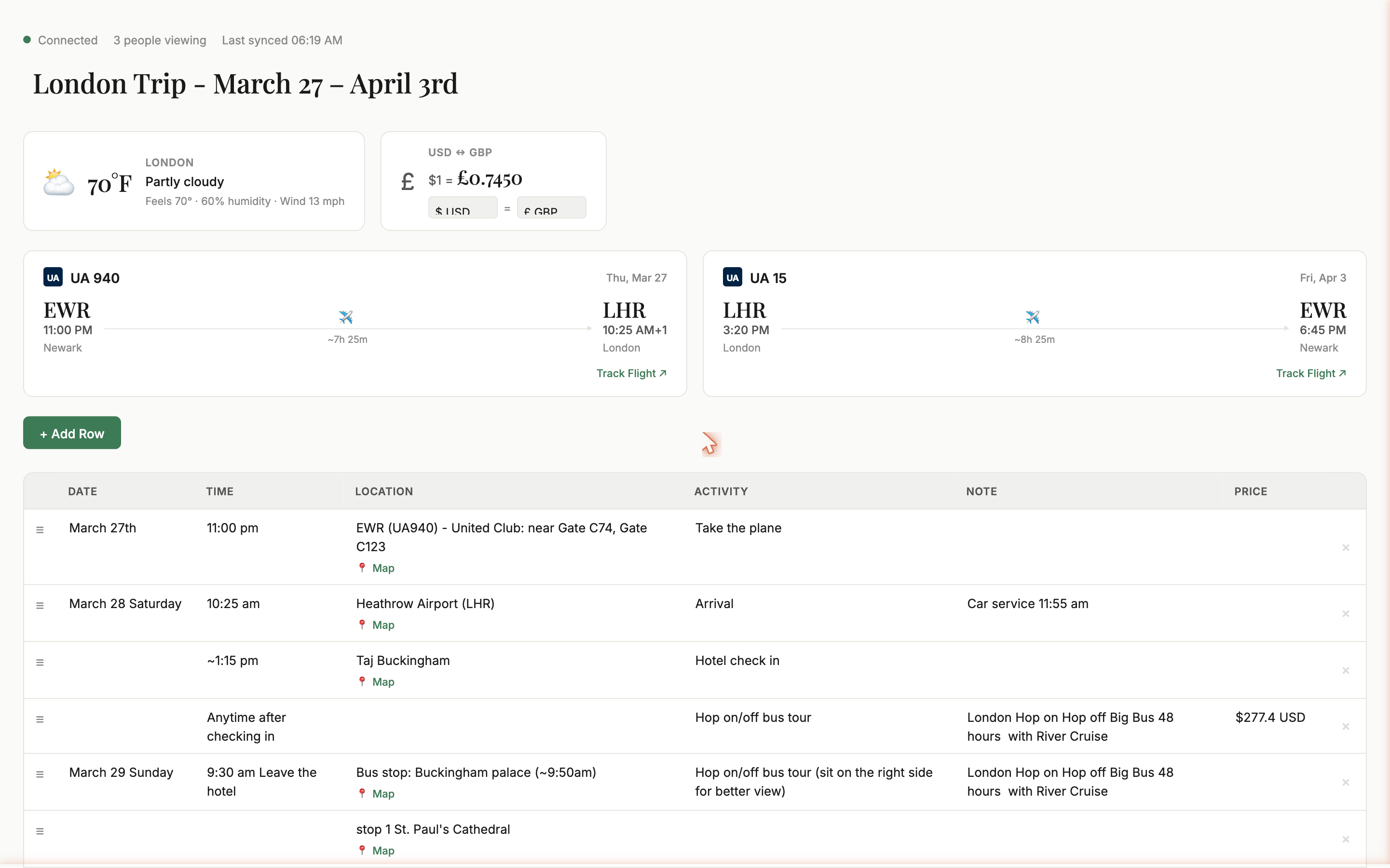 A live shared itinerary — synced and reordered in real time